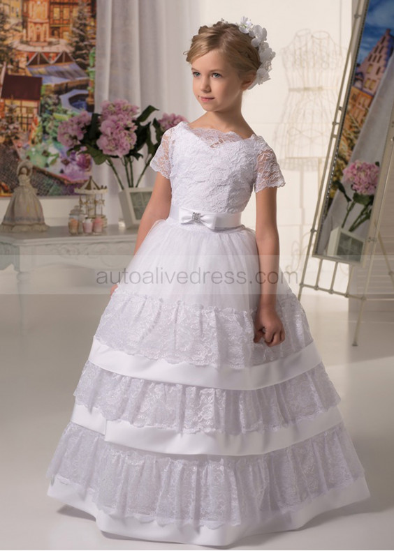 Short Sleeves White Lace Tulle Floor Length Flower Girl Dress